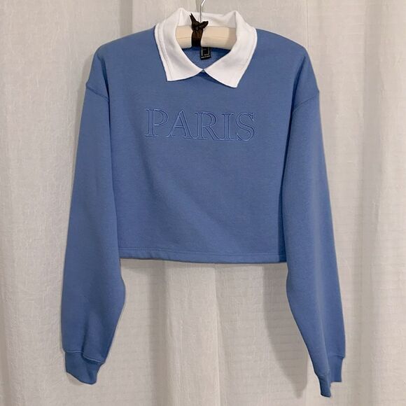 F21 S Light Blue White Collared PARIS Graphic Cropped Fleece Pullover - Picture 6 of 15